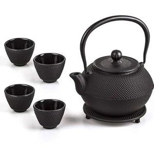 New 6-piece Japanese Cast Iron Pot Tea Set Black w/Trivet (40 oz)